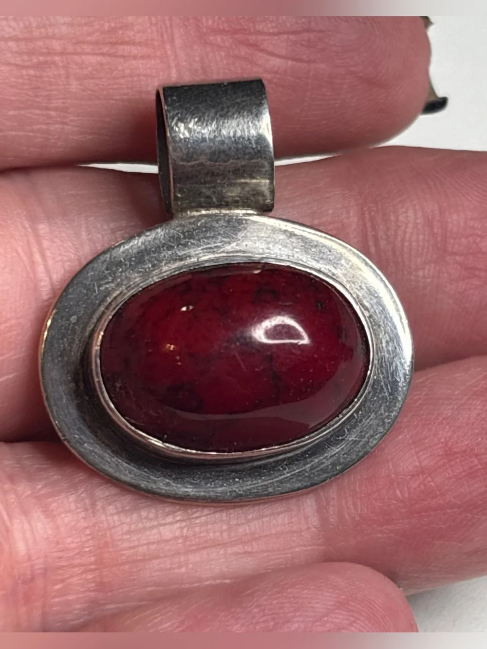 Vintage Mexico 925 Sterling Silver Red Jasper Cabochon Pendant Artisan Modernist